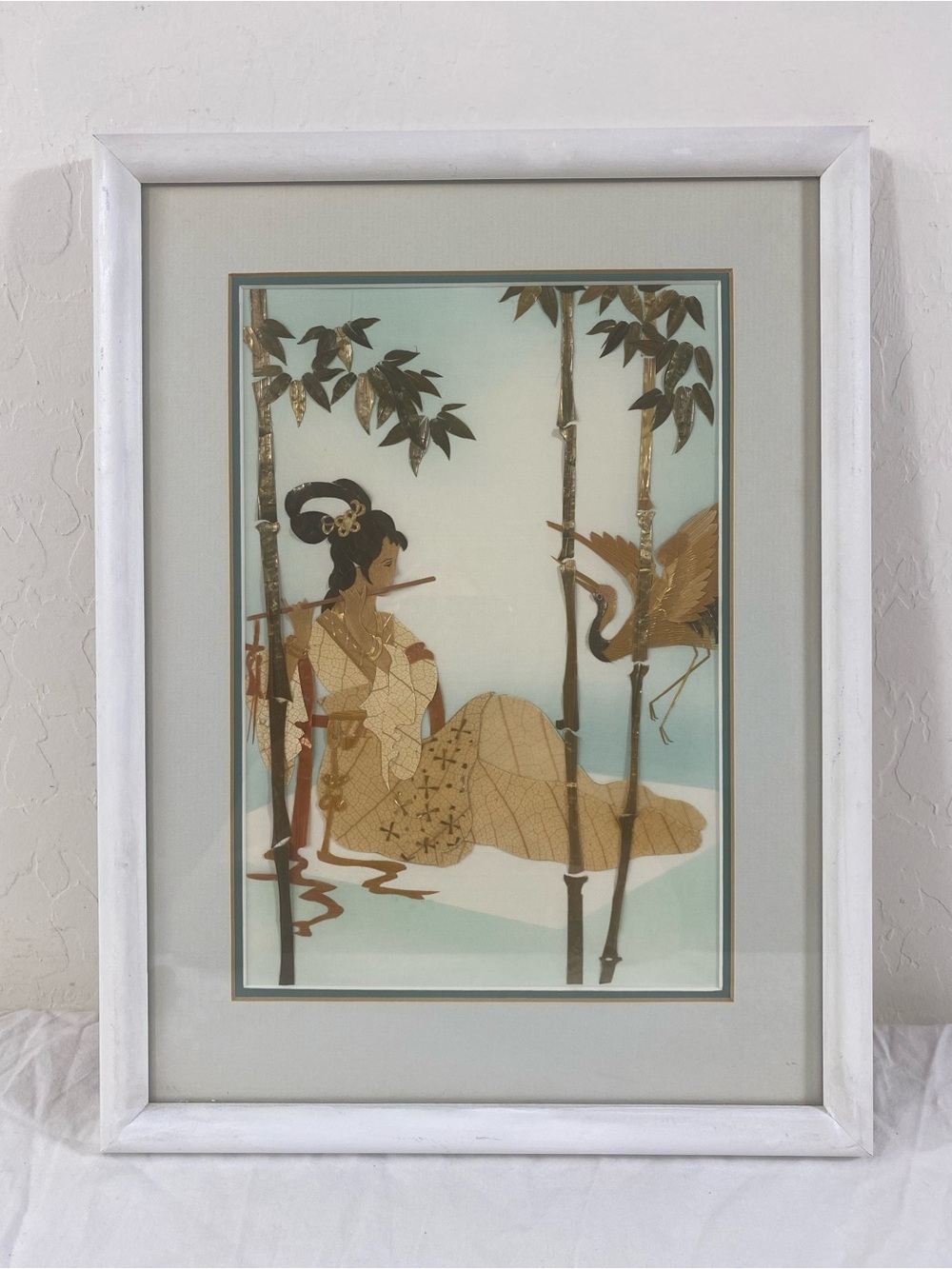 VTG Asian Wheat Straw Art Framed Hand Cut Stalk on Silk Geisha Flute Crane